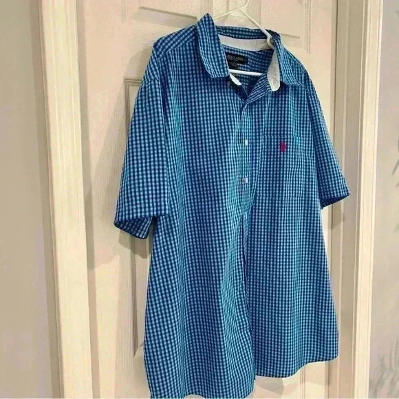 U.S. Polo Assn. Men's Blue Checked Button Up Shirt 2XL Short Sleeve Casual - Picture 2 of 6